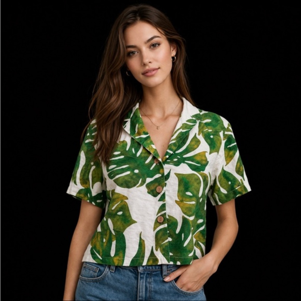 Joie Linen Blend Tropical Print Button Front Shirt Small Green Palm monstera Top